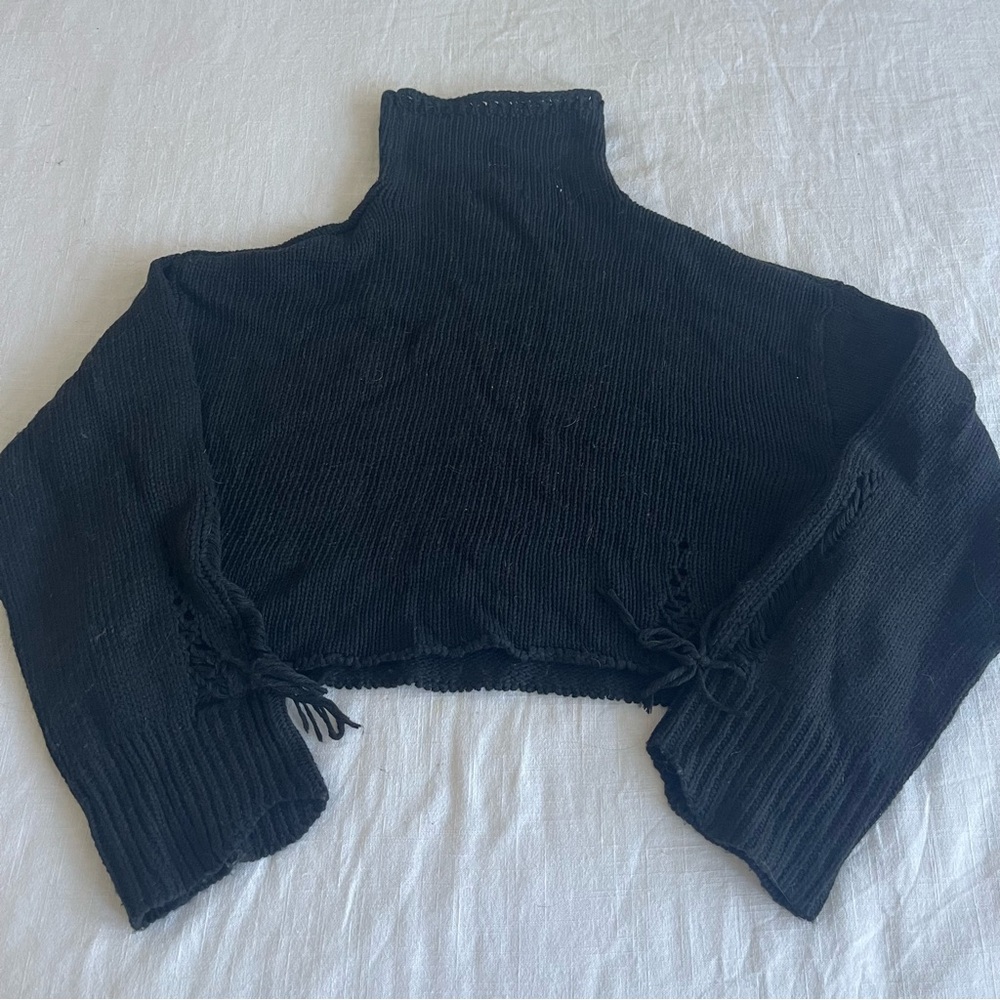 Oak + Fort Black Distressed Turtleneck Sweater